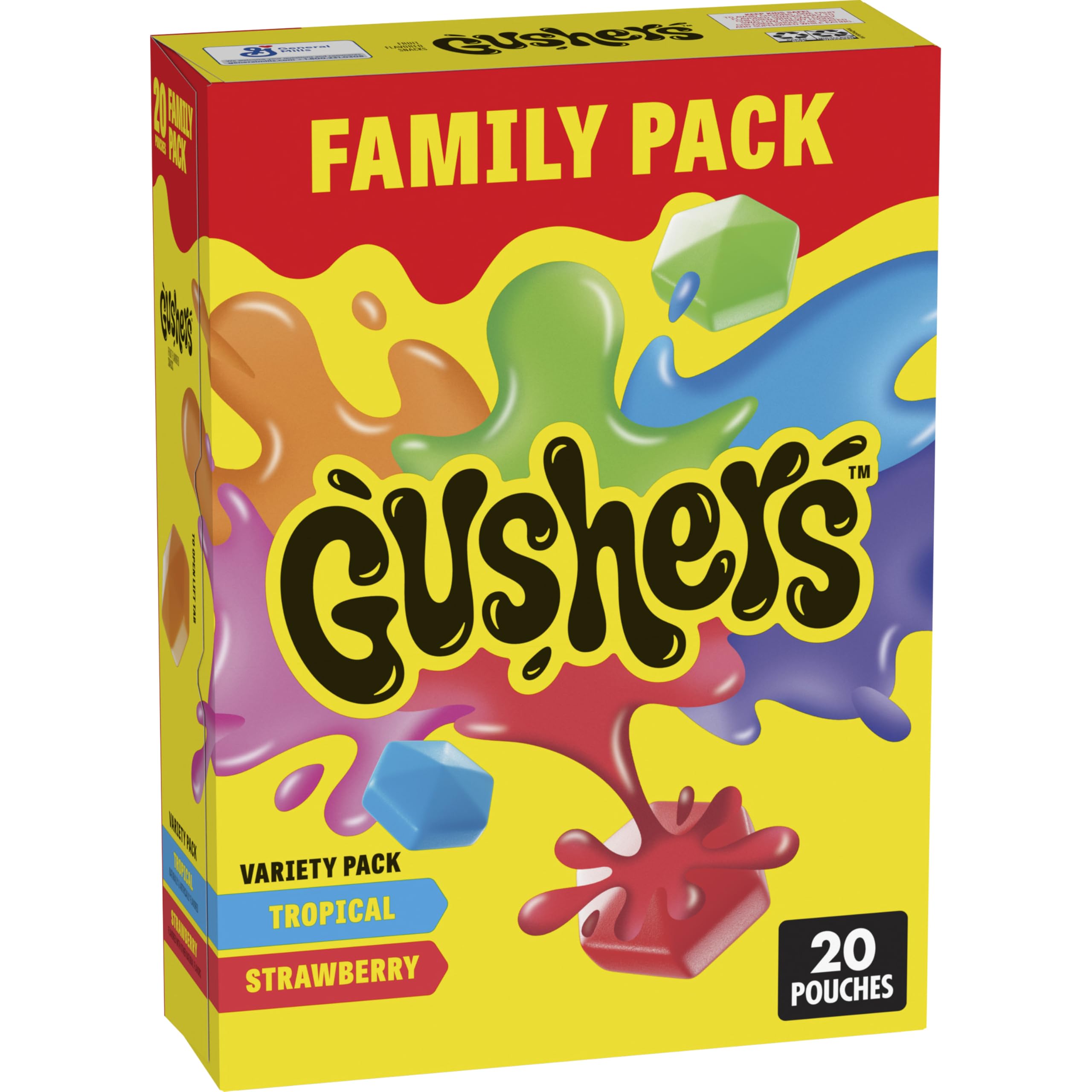 Gushers Fruit Flavored Snacks Family Pack, Tropical & Strawberry Flavors, Gluten Free Gummy Kids Snack, Bursting Juicy Center, Vitamin C Source, Individually Wrapped, Bulk Box, 20 Pouches, 16 oz Total