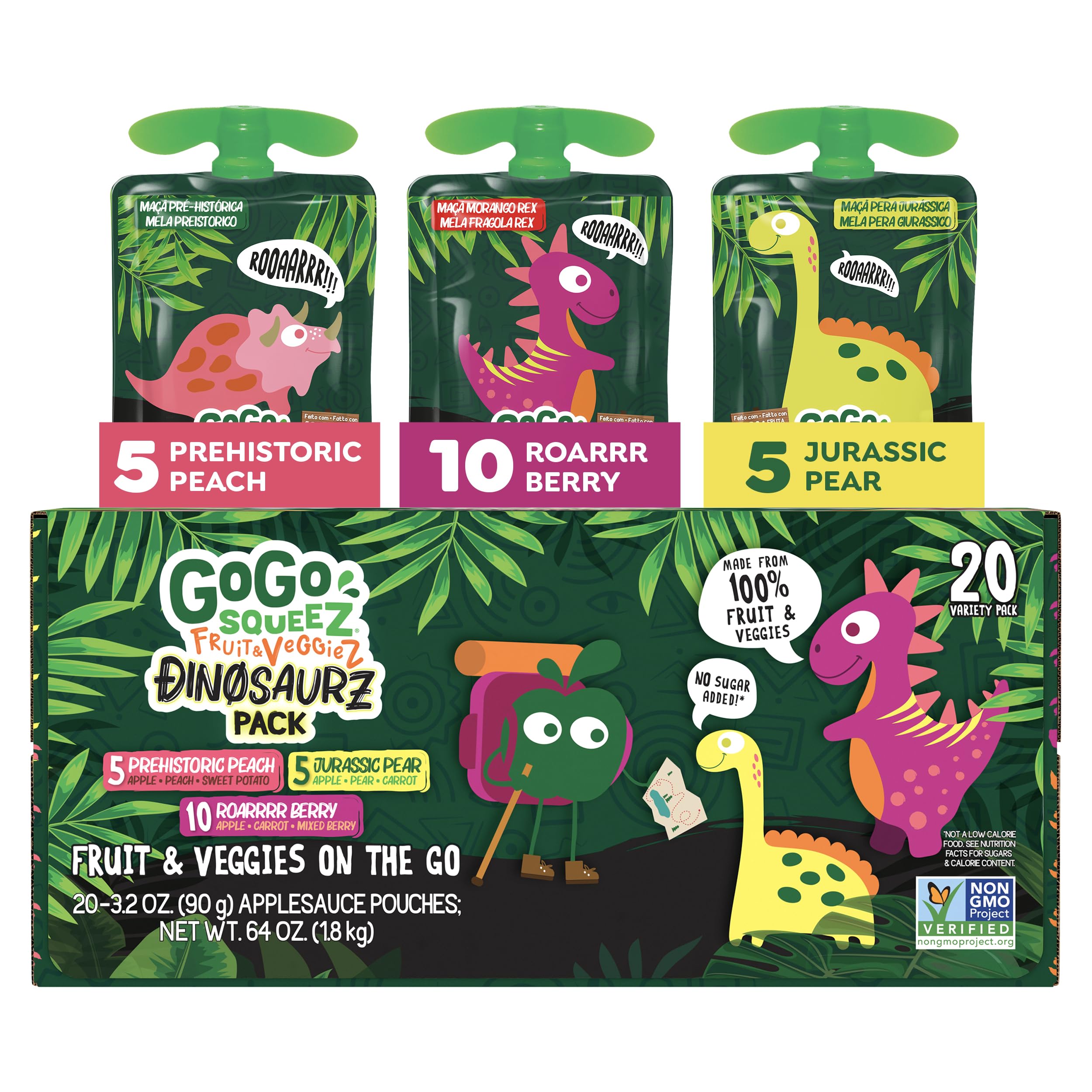 GoGo squeeZ Fruit & veggieZ Applesauce and Puree Variety Pack, Jurassic Pear, Roarrrr Berry & Prehistoric Peach, 3.2 oz (Pack of 20), Unsweetened Snacks for Kids, BPA Free Pouches