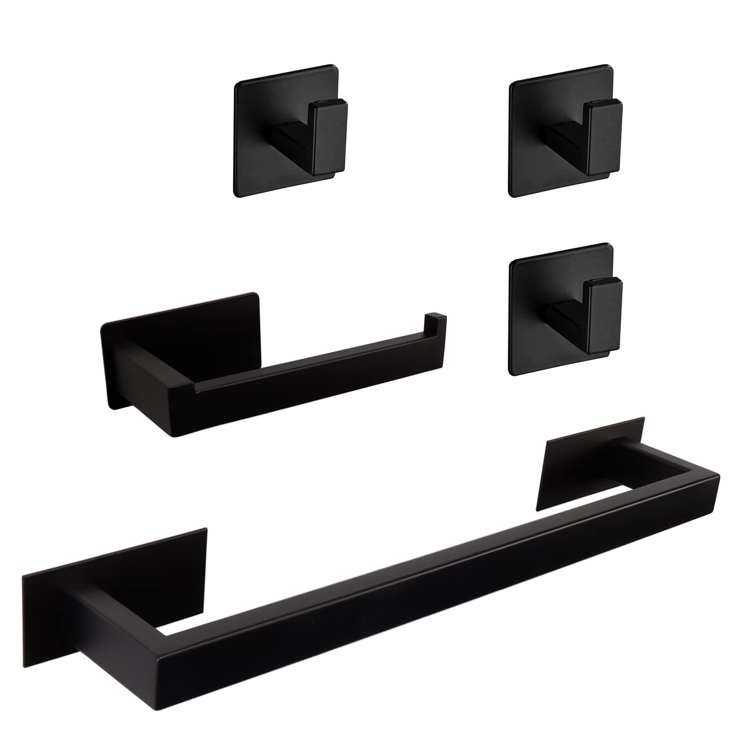 Vanloory 5 Pieces Self Adhesive Bathroom Hardware Set-SUS304 Stainless Steel-Towel Rack Set Include 16″Towel Bar+Toilet Paper Holder+3 Towel/Robe Hooks Bathroom Accessory (Matte Black, 16 in)